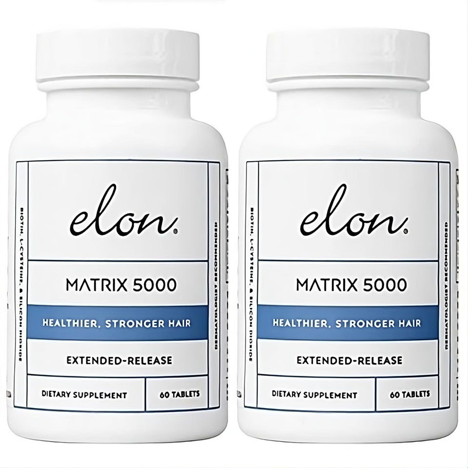 Elon Matrix 5000 biotin capsules on bottle, ideal for daily hair care