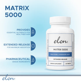 Elon Matrix 5000 bottle front showing biotin supplement for hair health