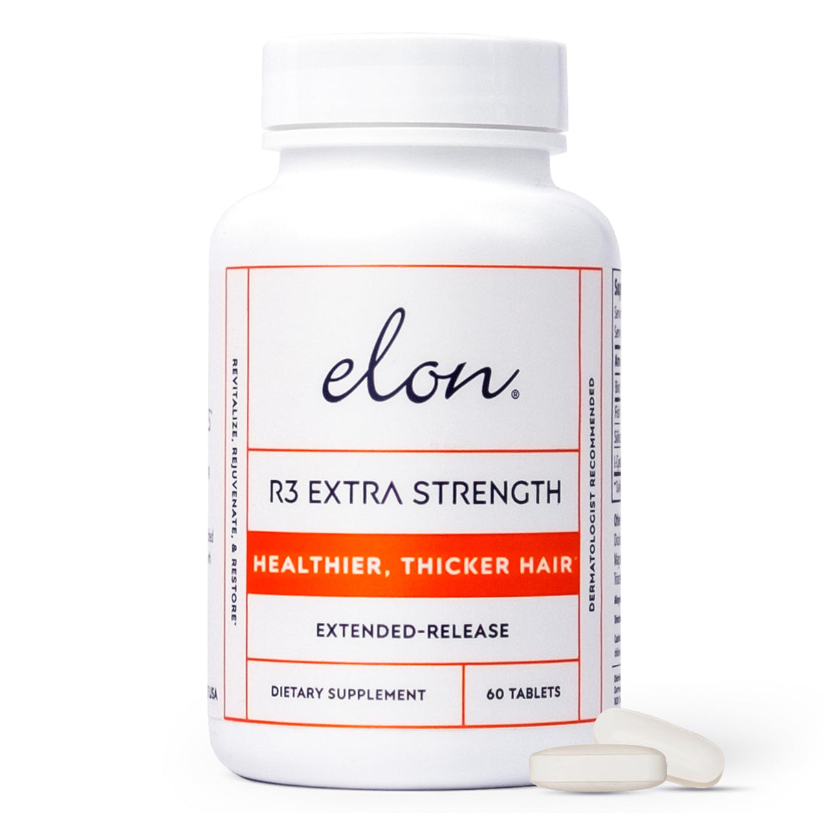 Elon R3 hair growth bottle pour showing premium capsules for daily use