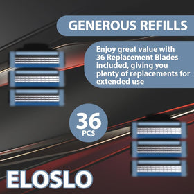 Eloslos blue GL-Mach 3 razor blades close-up with nano construction.