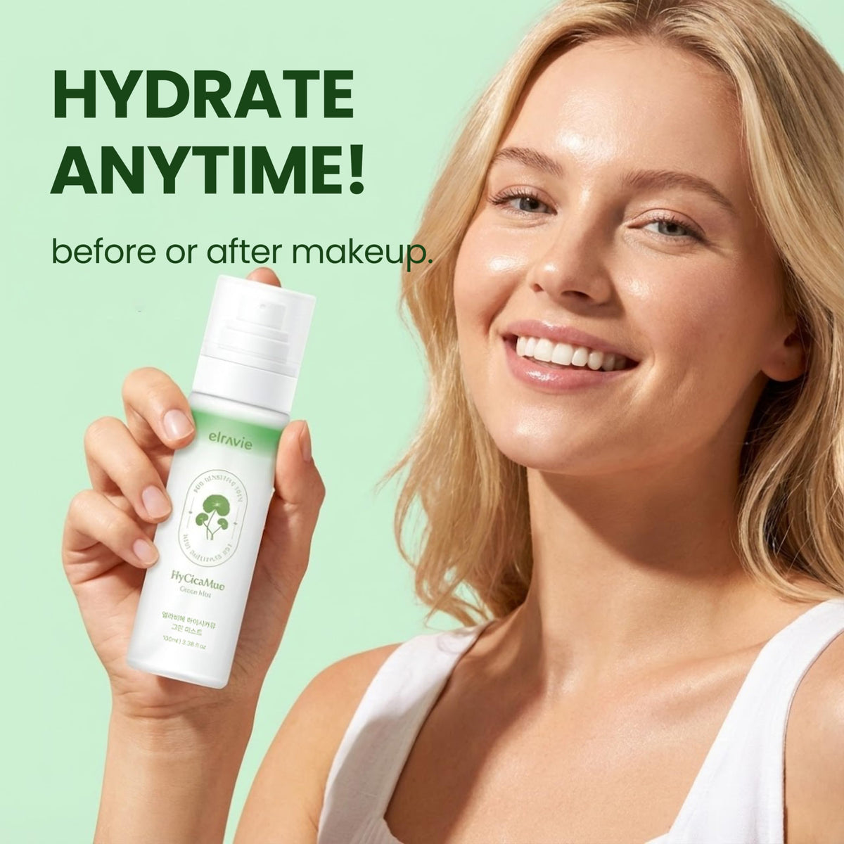 Elravie HyCicaMue being spritzed on cheek for lightweight hydration