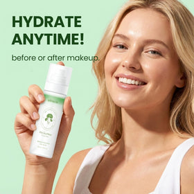 Elravie HyCicaMue being spritzed on cheek for lightweight hydration