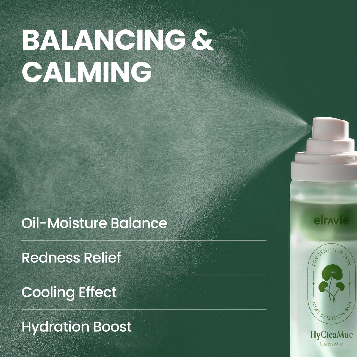 Elravie HyCicaMue spray closeup delivering ultra-fine, even mist