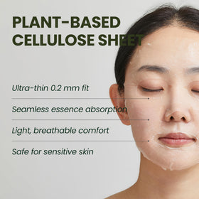 Close-up of HyCicaMue Recovery Mask sheet adhering to skin