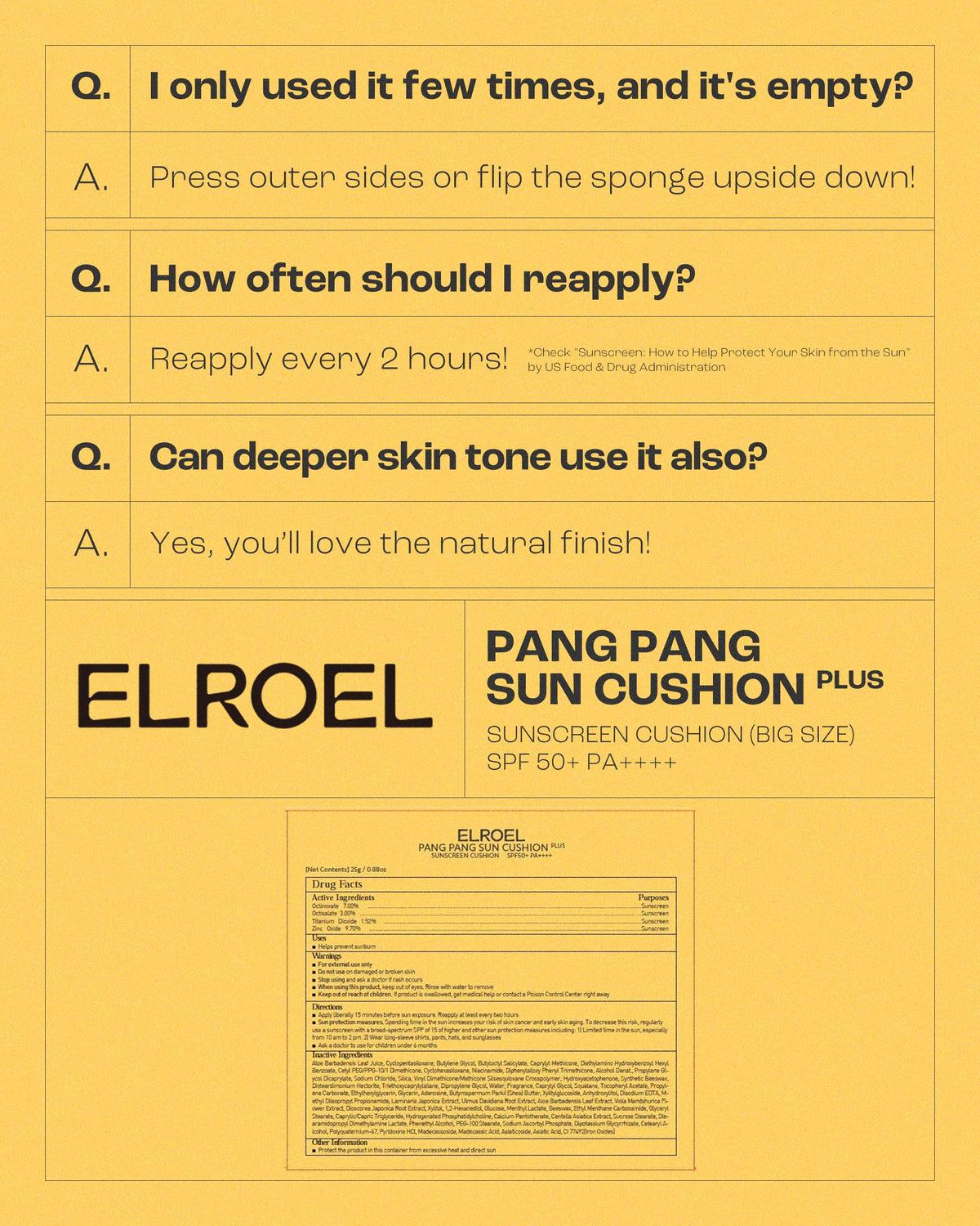 ELROEL Pang Pang Big Sun Cushion Plus SPF50+ PA++++ protection for daily use.