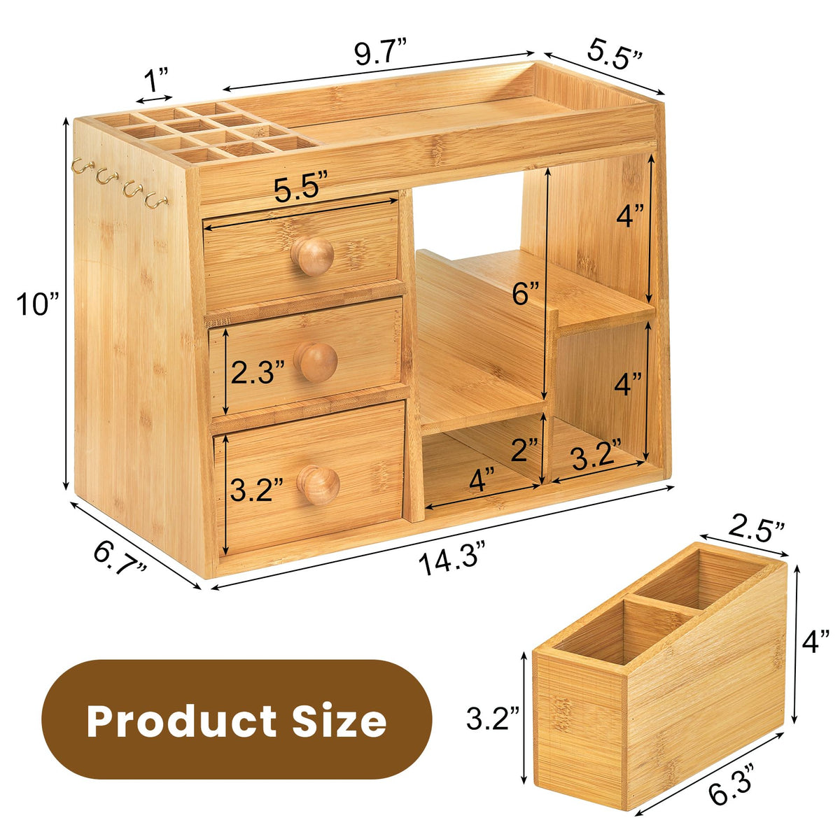 Elsjoy bamboo makeup organizer drawers and compartments for compact storage of essentials.