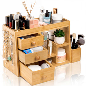 Elsjoy bamboo makeup organizer front view keeps cosmetics organized and easily accessible.