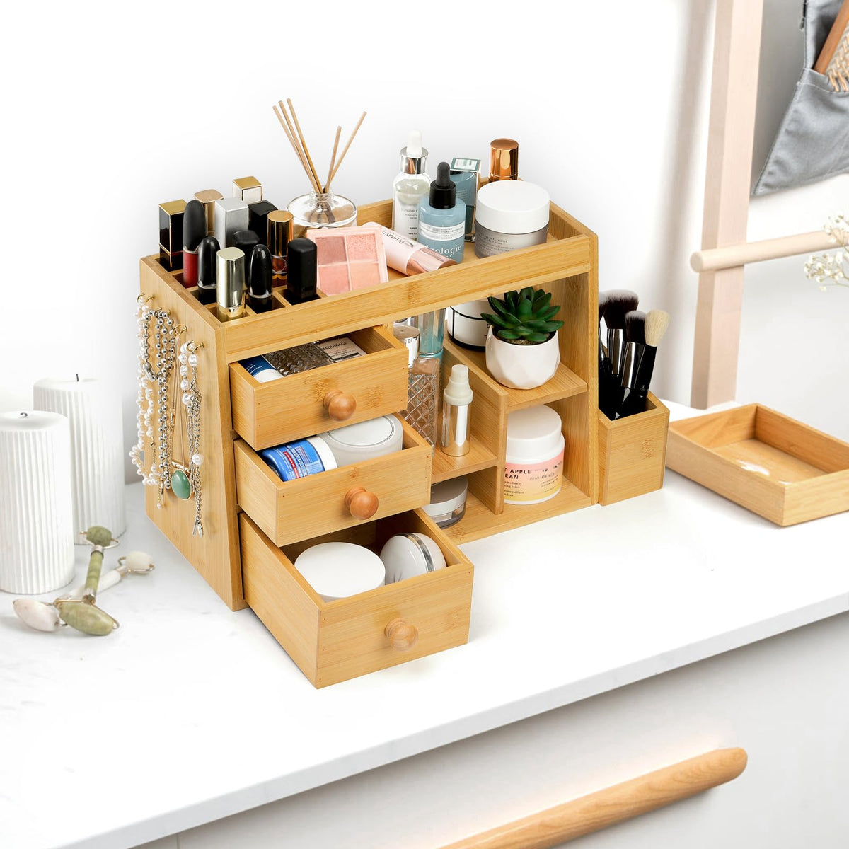 Elsjoy organizer on dresser vanity creates a tidy beauty workstation.