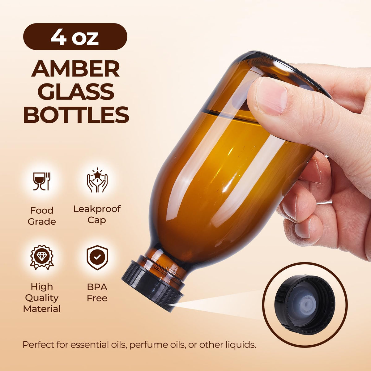 Elumeiro amber glass cap close-up highlighting airtight seal to prevent leaks.