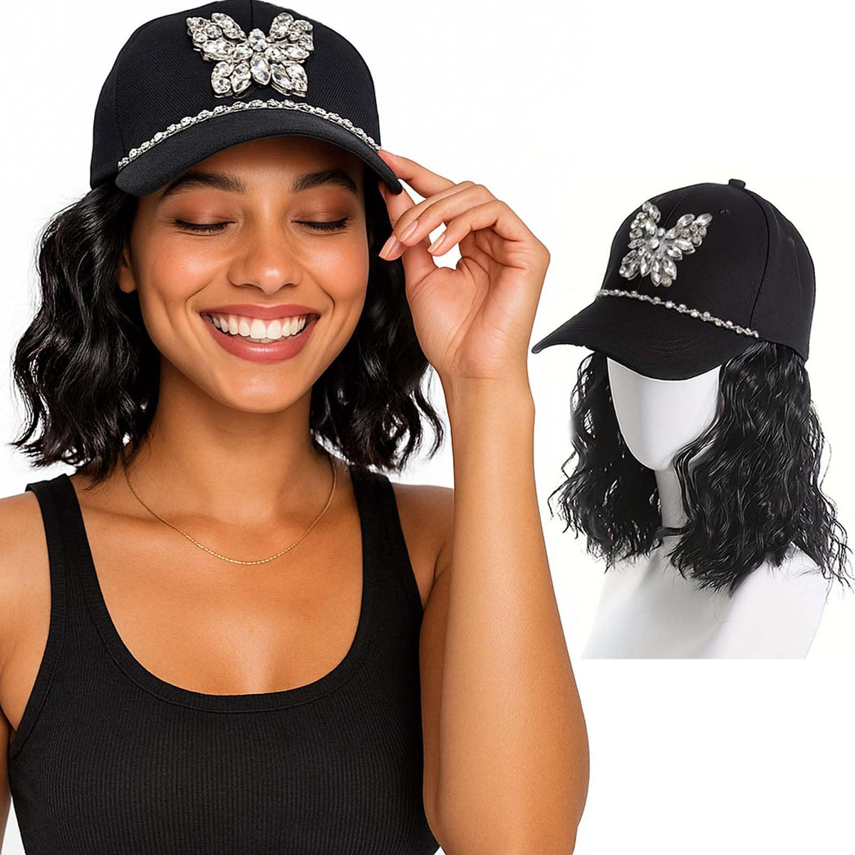 ELVAELFI baseball cap wig eight-inch wavy bob for quick everyday style