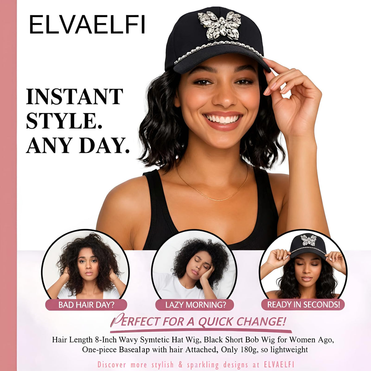 ELVAELFI rhinestone butterfly detail on cap wig adds subtle sparkle