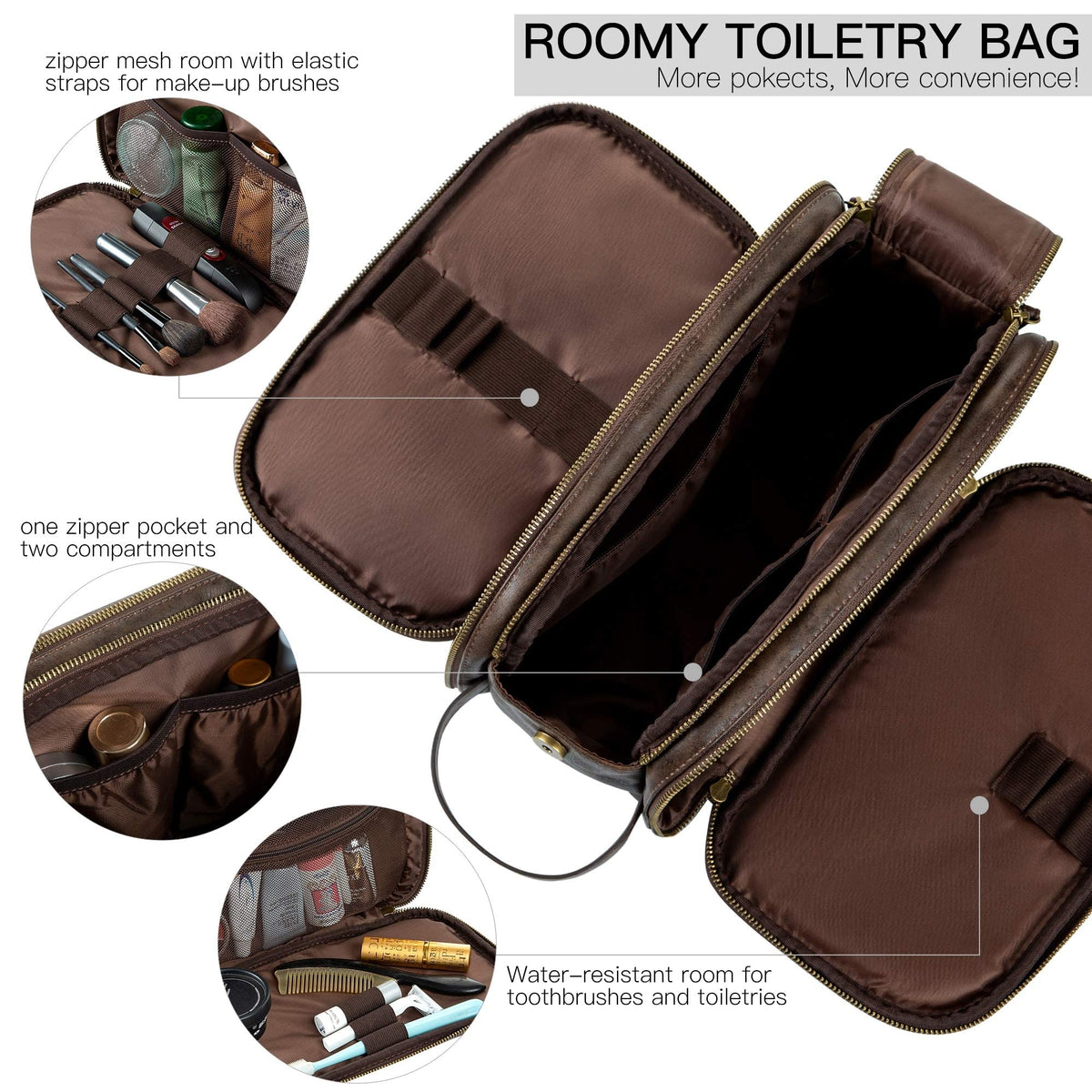 Elviros Dopp Kit wet-dry separation prevents damp items from wetting others.