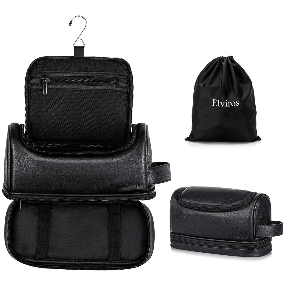 Elviros toiletry bag with hanging hook keeps essentials accessible during travel.