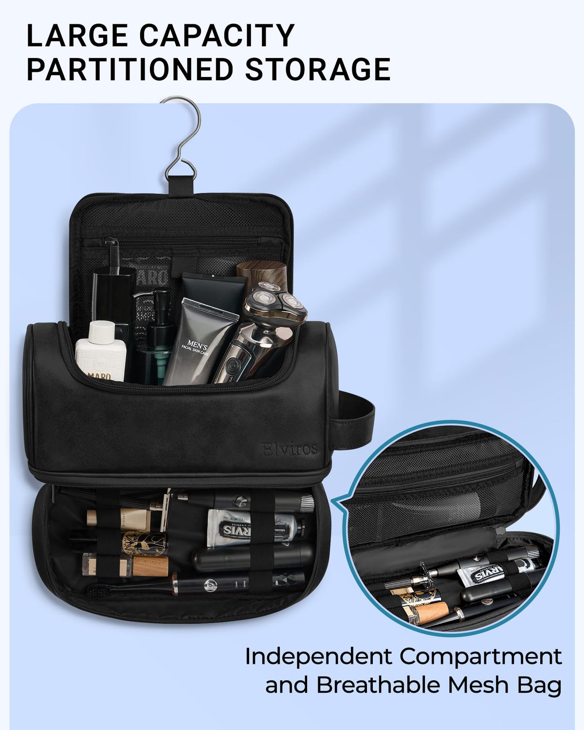 Elviros toiletry bag large interior capacity for all travel basics.