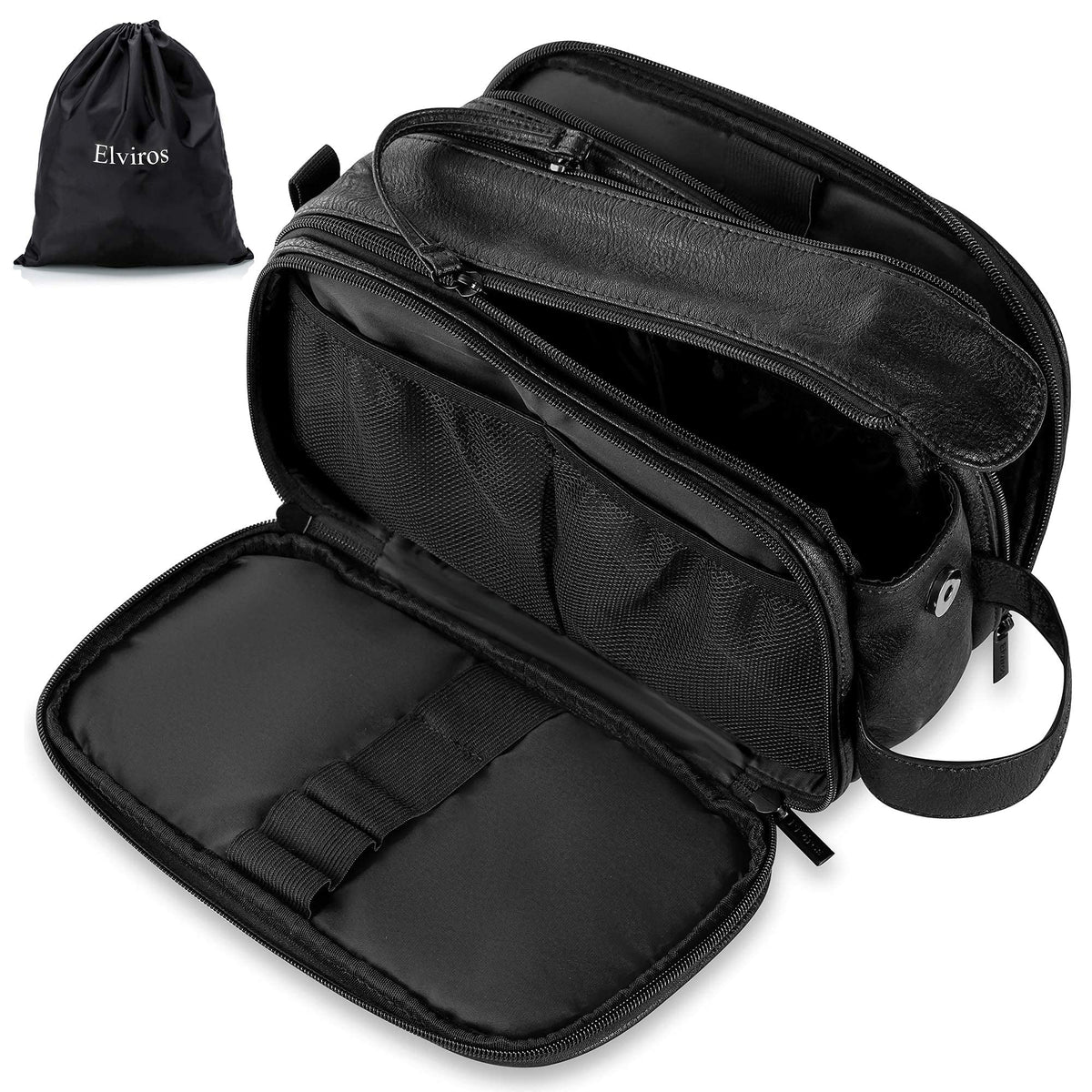 Elviros large-capacity toiletry bag keeps grooming essentials neatly organized for travel.