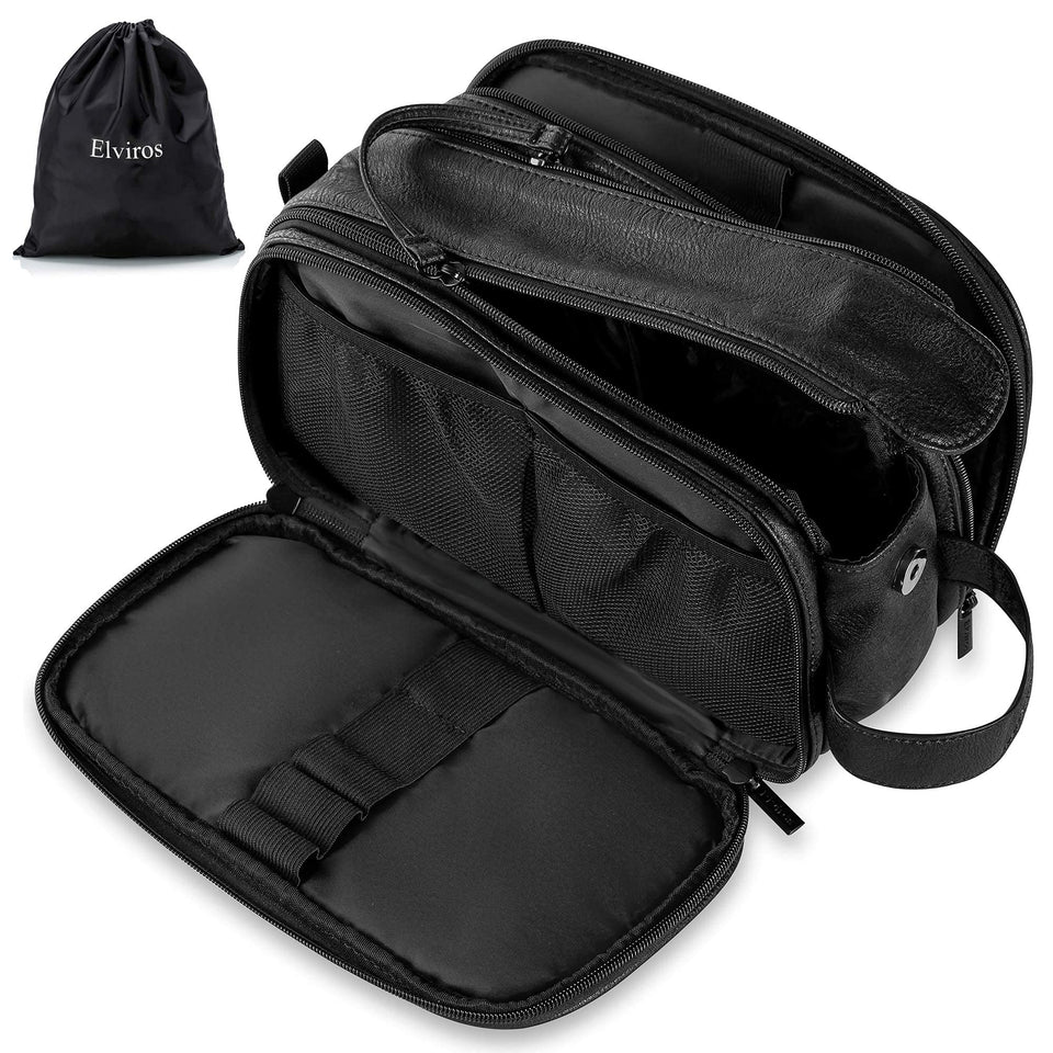 Elviros large-capacity toiletry bag keeps grooming essentials neatly organized for travel.