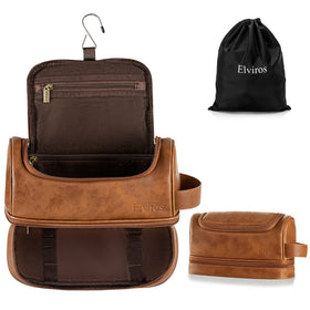 Elviros Toiletry Bag for Men con acabado PU leather brown y gancho colgante para secado fácil.