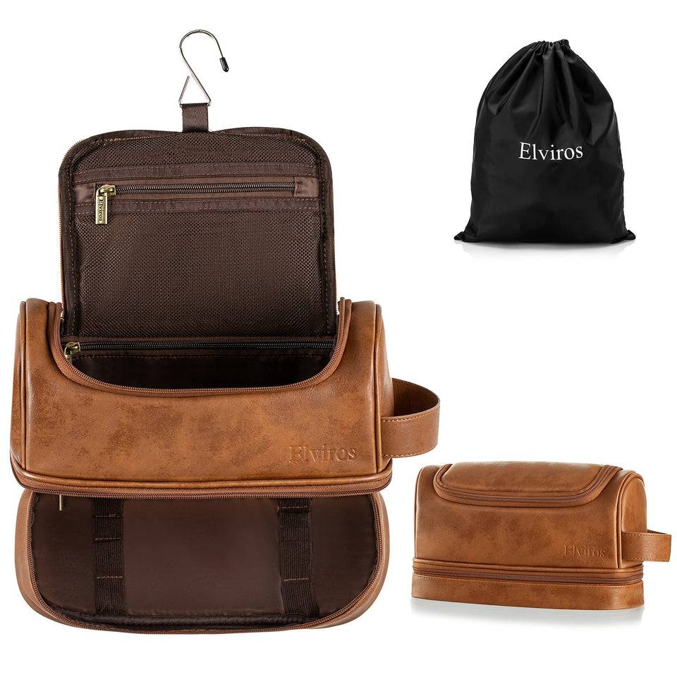 Elviros Toiletry Bag for Men con acabado PU leather brown y gancho colgante para secado fácil.