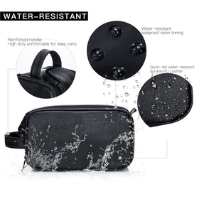 Elviros PU leather toiletry bag with water-resistant material protects contents during trips.