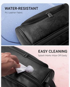 Elviros toiletry bag side leather handle for comfortable carrying.