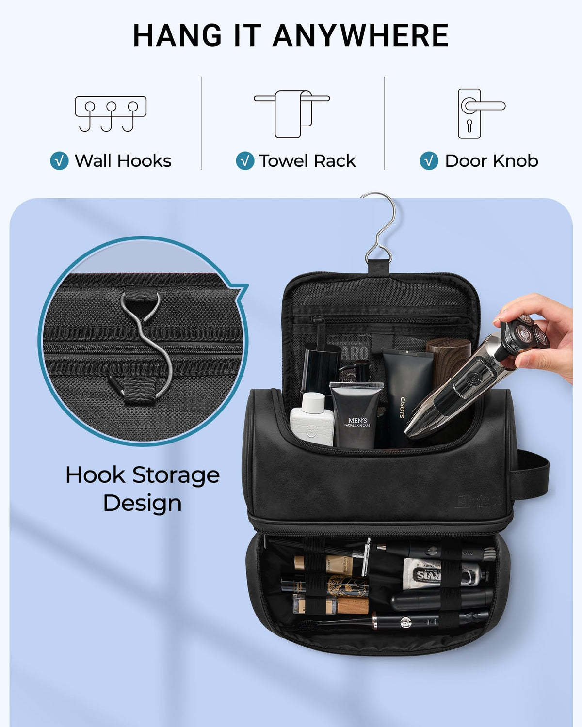 Elviros toiletry bag swivel hook offers versatile hanging options.