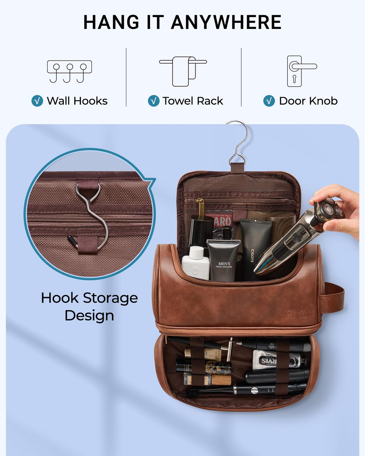 Elviros kit de viaje que facilita la organización de artículos de higiene y maquillaje.