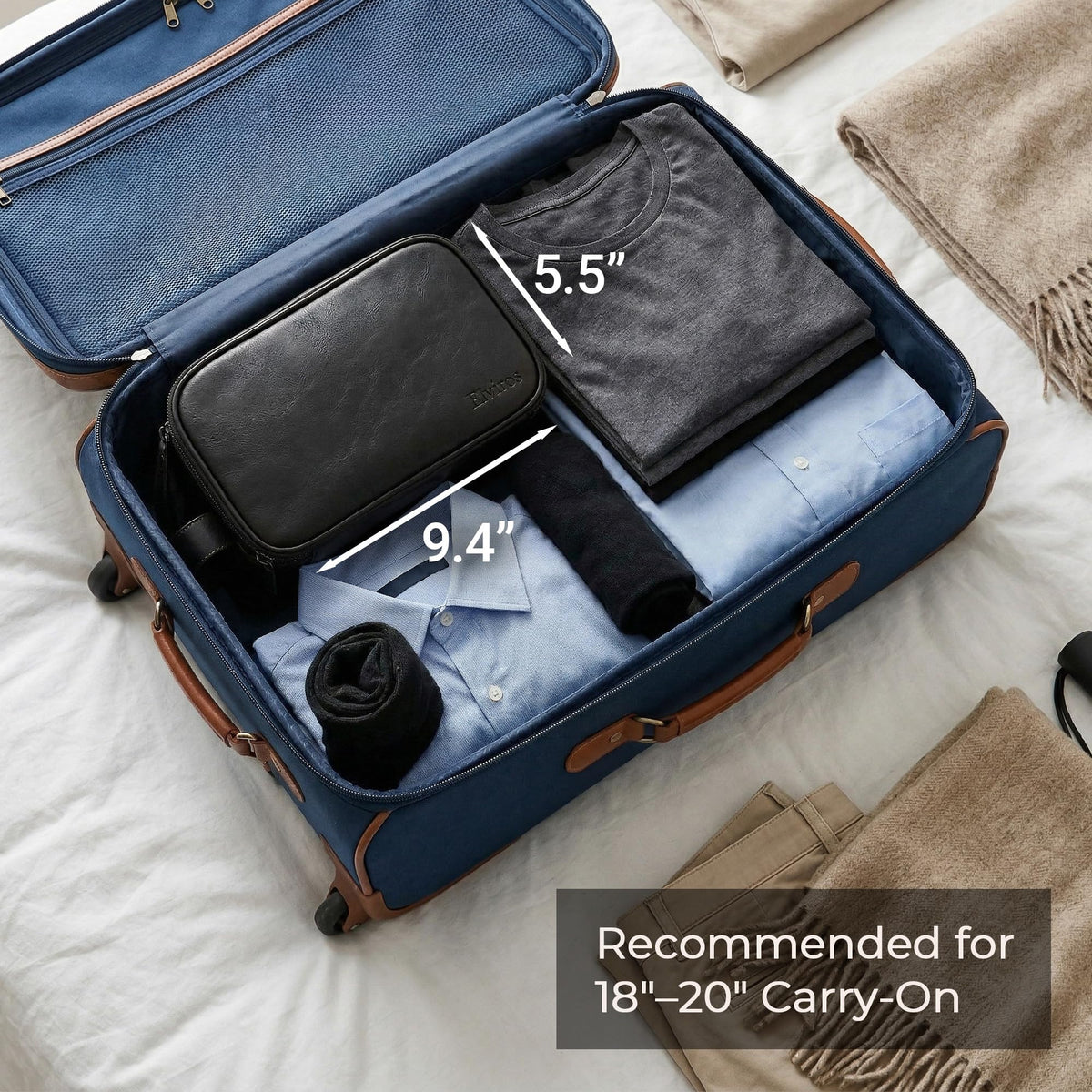 Elviros travel bag beside toiletries demonstrating compact travel companion.