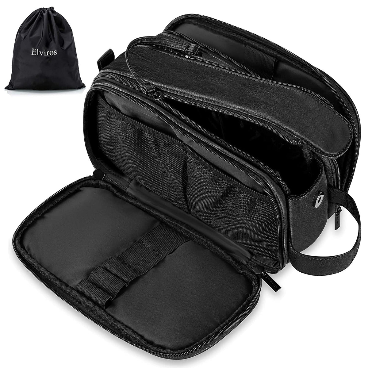 Elviros travel toiletry bag front view with organized pockets for easy packing.