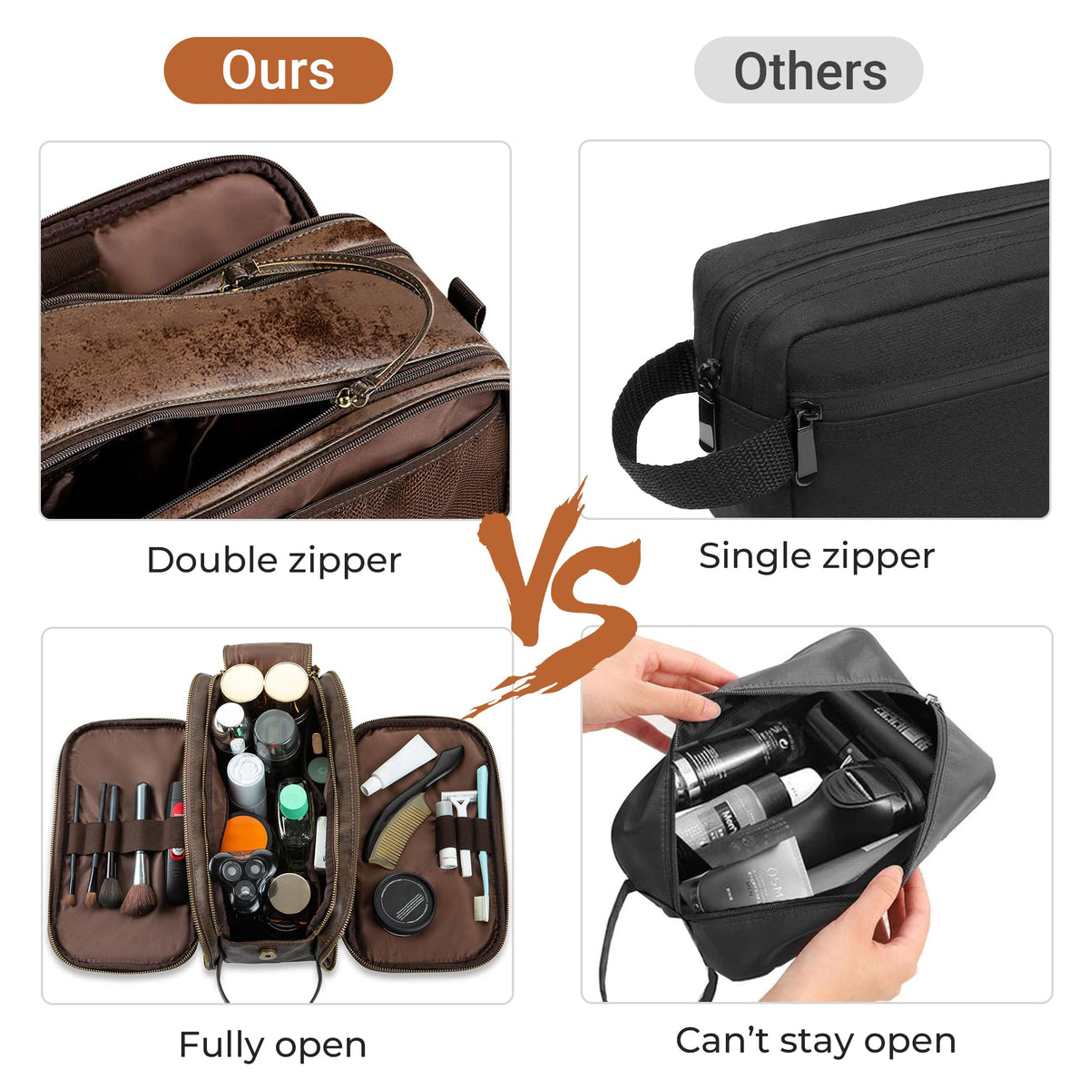 Elviros travel toiletry bag with outside compartments for quick wet/dry access.
