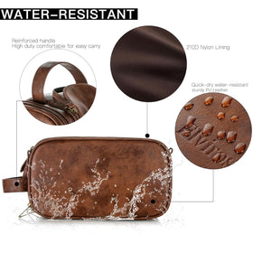 Elviros travel toiletry bag features water-resistant PU leather exterior to protect contents.