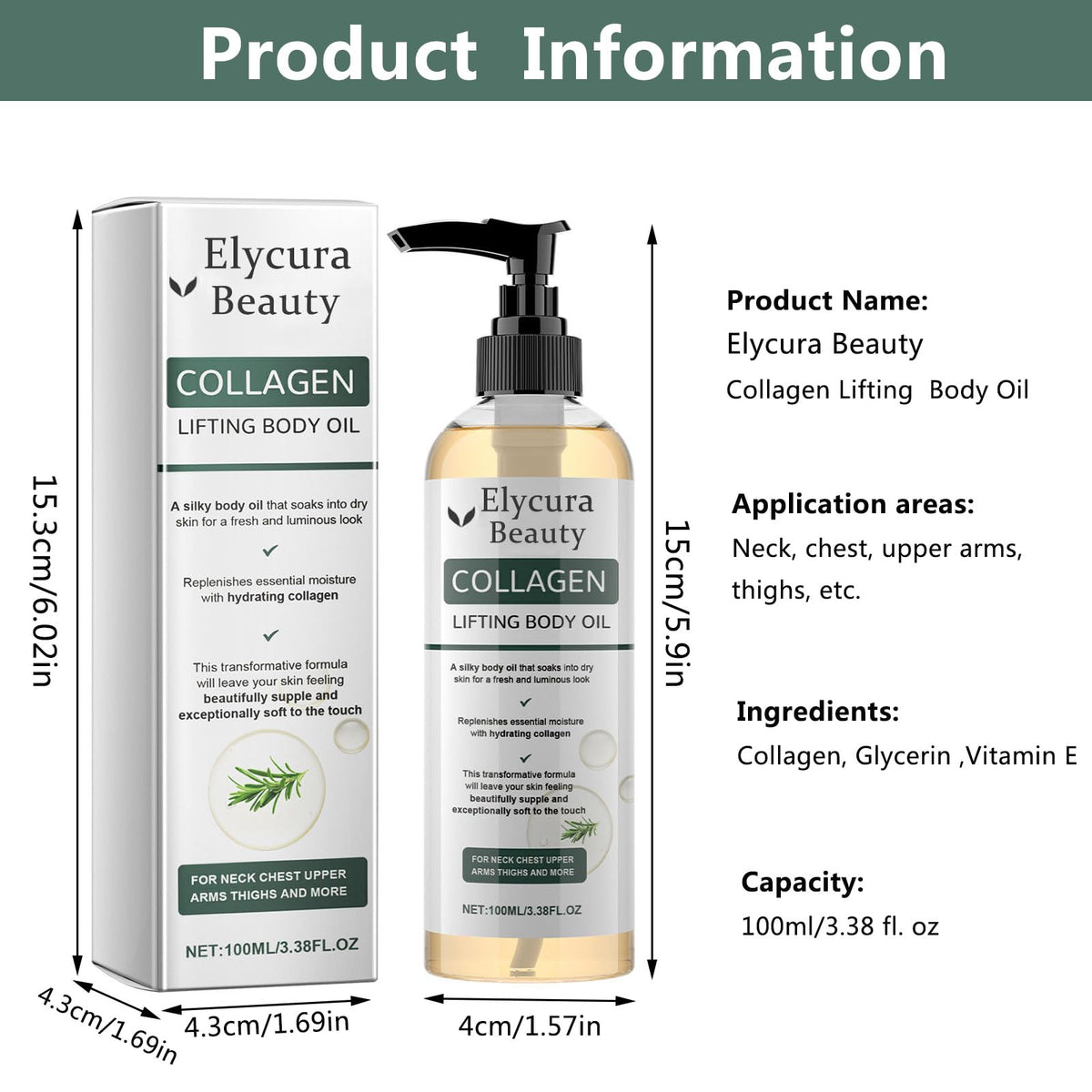 Elycura Beauty Collagen Body Oil pump dispenser for easy application