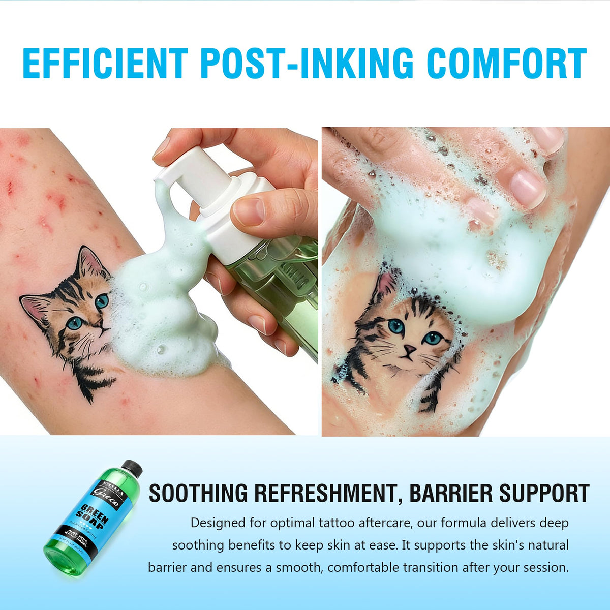 Professional studio use with Emalla GRECE green soap tattoo cleanser