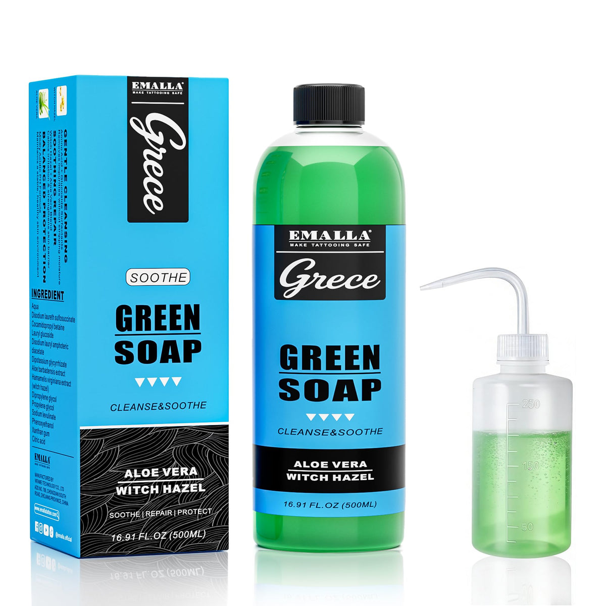 Emalla GRECE green soap tattoo cleaner kit, 16.9oz bottle, for gentle ink removal and skin hydration
