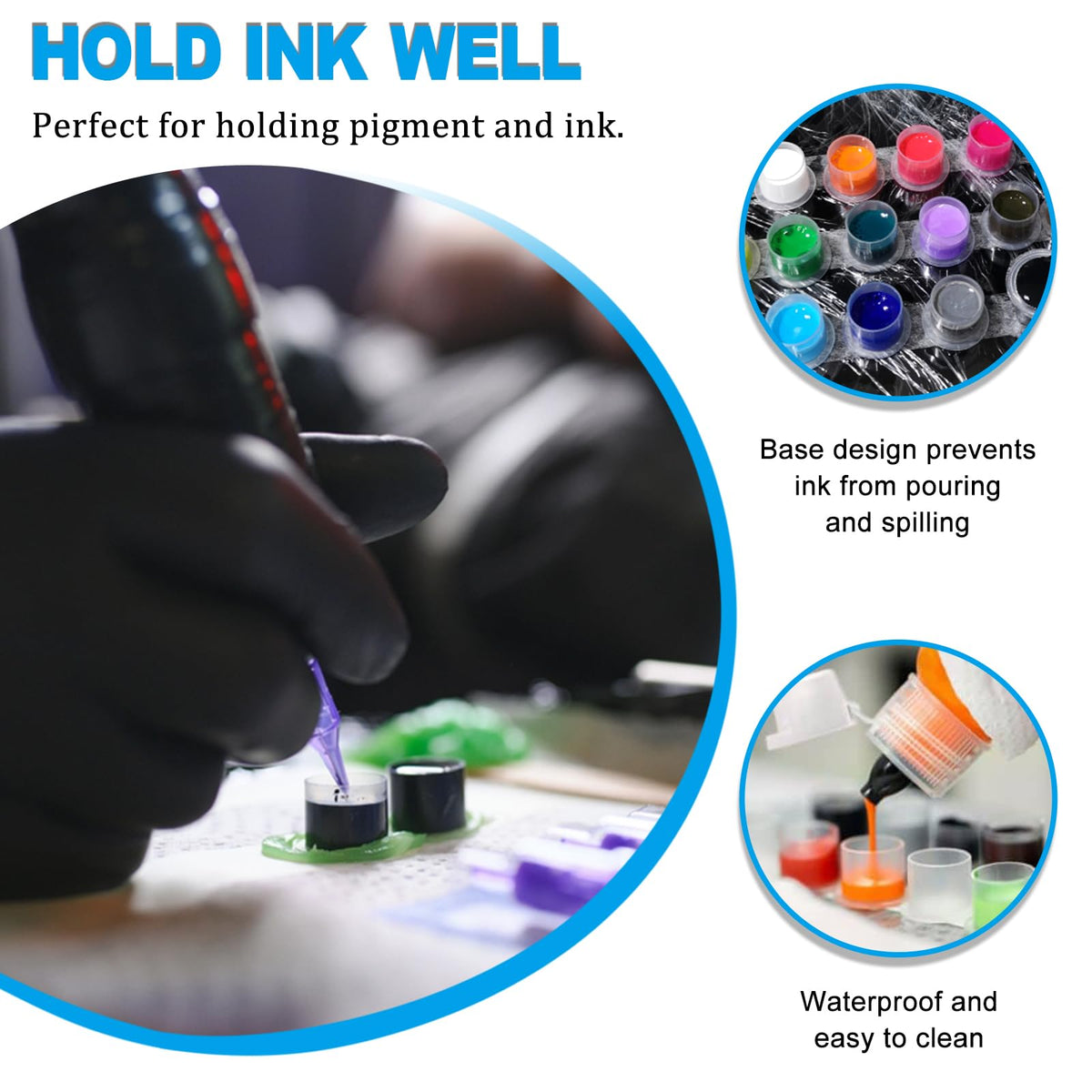 Emalla ink caps with waterproof plastic prevent leaks during busy sessions.