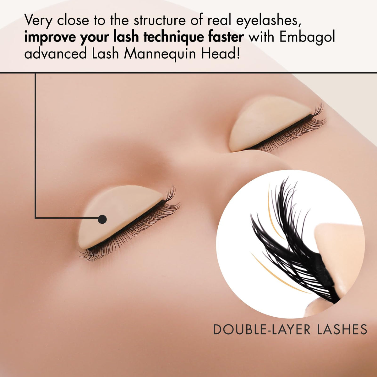 Embagol lash mannequin head with replaceable two-layer eyelids for style testing.