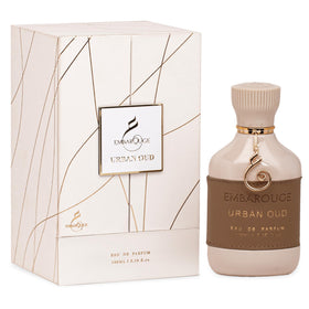 EMBAROUGE Urban Oud bottle closeup highlighting warm wood notes for refined evenings.