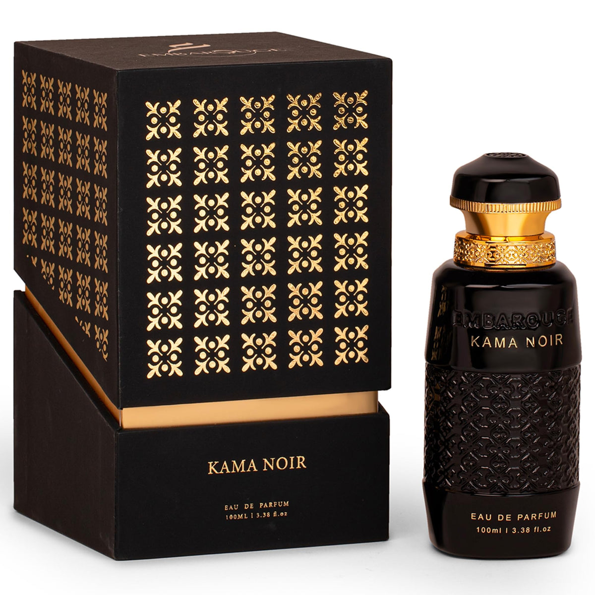 Embarouge Kama Noir bottle front shows elegant design for date-night anticipation