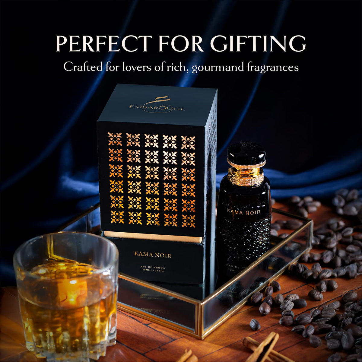 Embarouge Kama Noir drops on glass convey sensory shimmer
