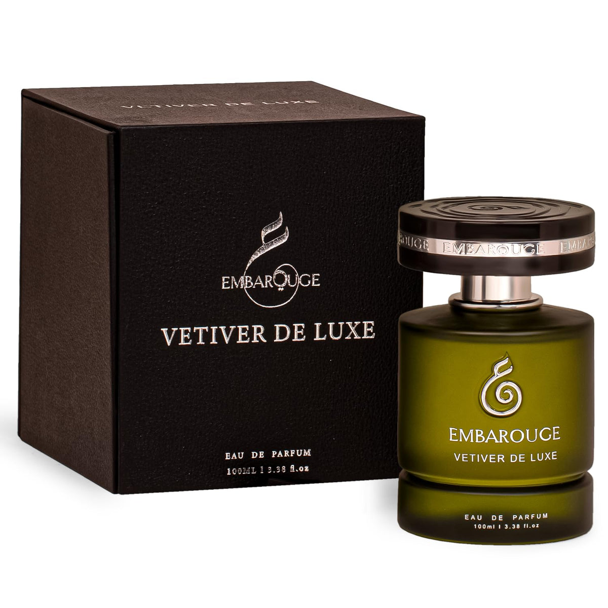 Embarouge Vetiver Deluxe bottle front conveys timeless masculinity and confident style.