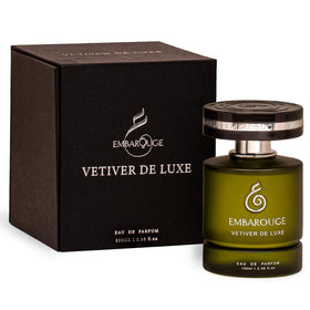 Embarouge Vetiver Deluxe bottle front conveys timeless masculinity and confident style.