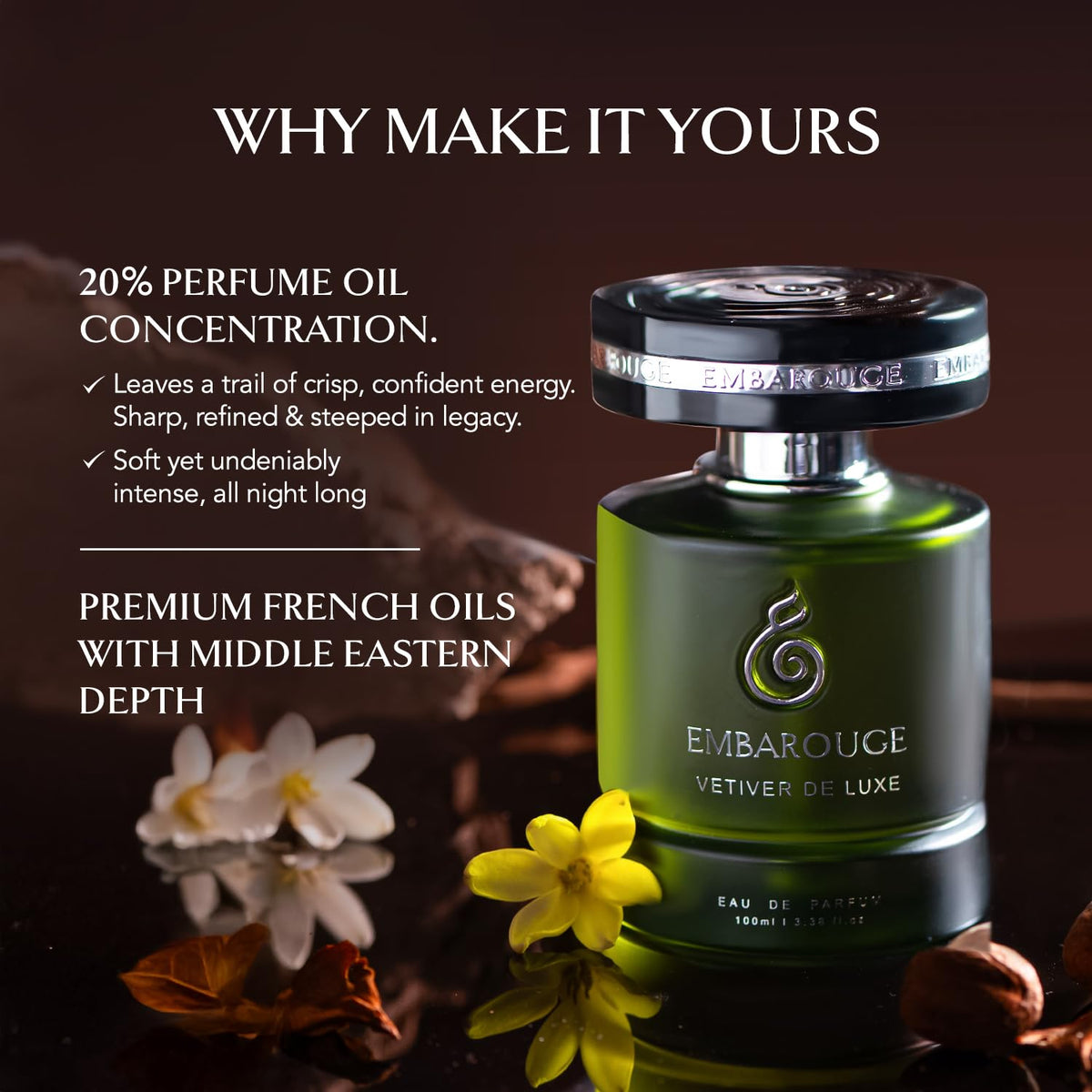Embarouge Vetiver Deluxe bottle on table suggests everyday elegance and versatility.