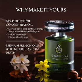 Embarouge Vetiver Deluxe bottle on table suggests everyday elegance and versatility.