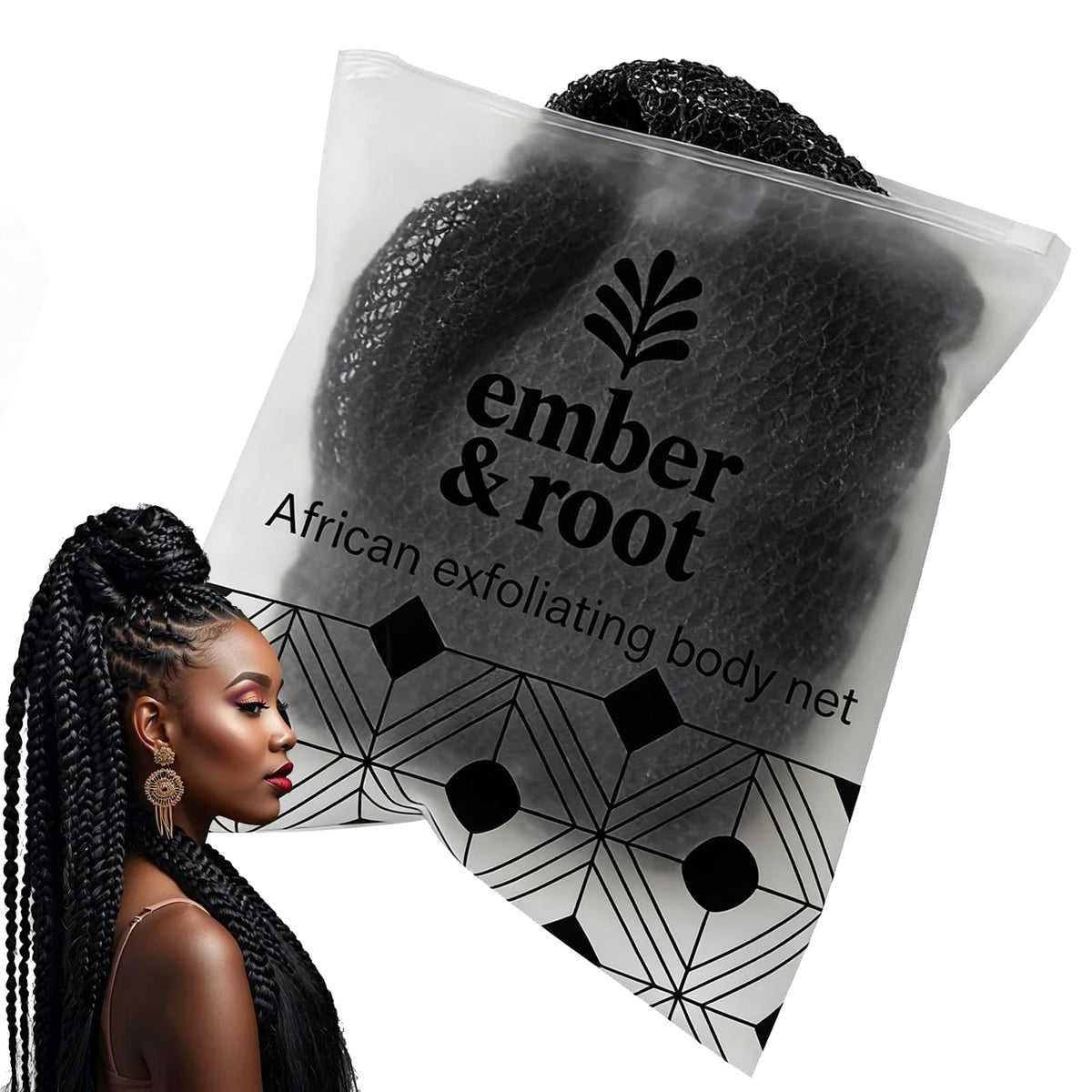 Ember and Root African net sponge back view enables easy back cleansing