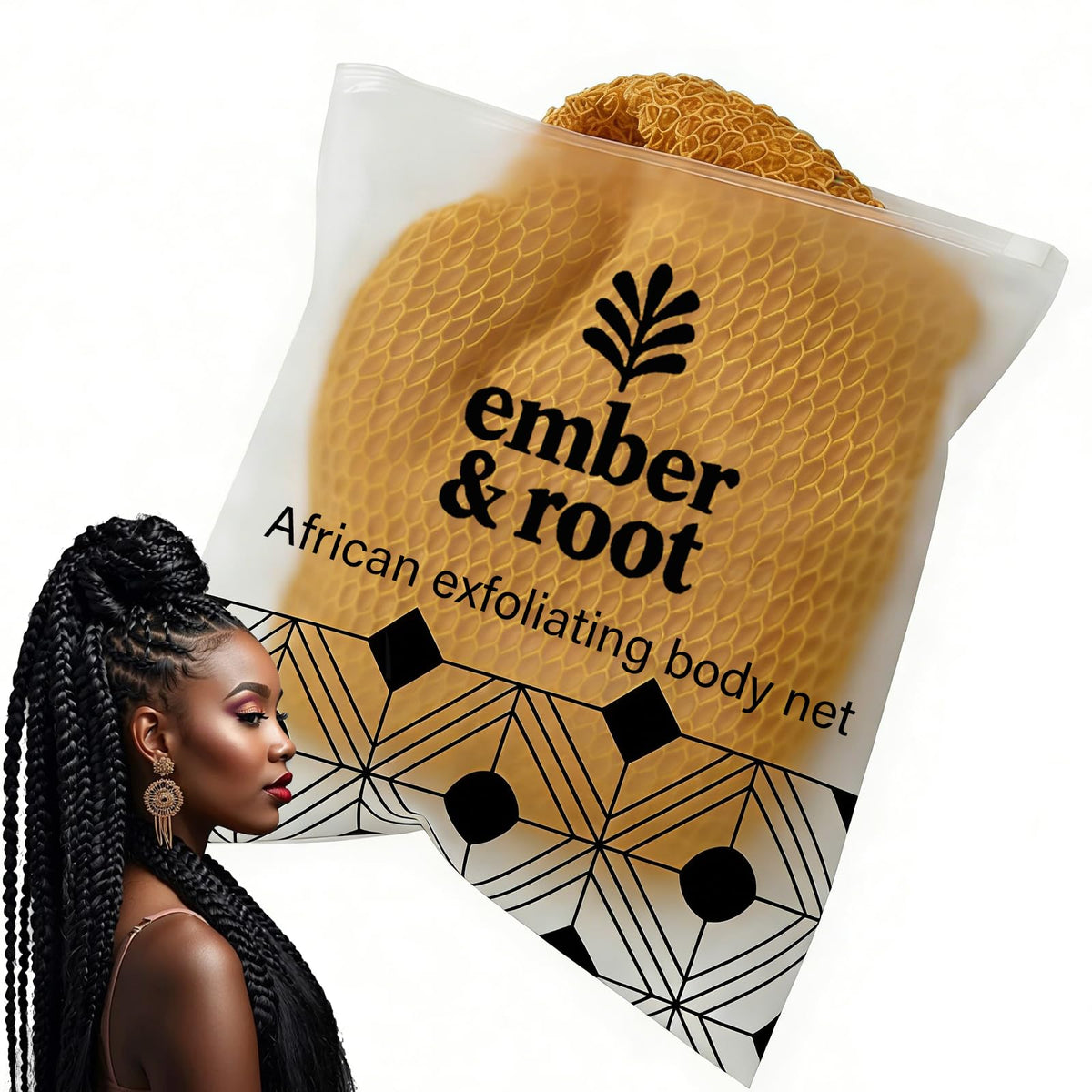 Ember and Root African Net Sponge front view for even skin texture and gentle exfoliation.