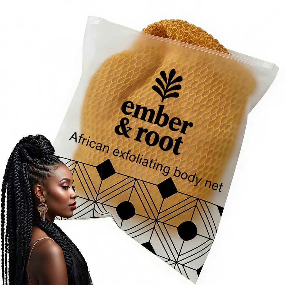 Ember and Root African Net Sponge front view for even skin texture and gentle exfoliation.