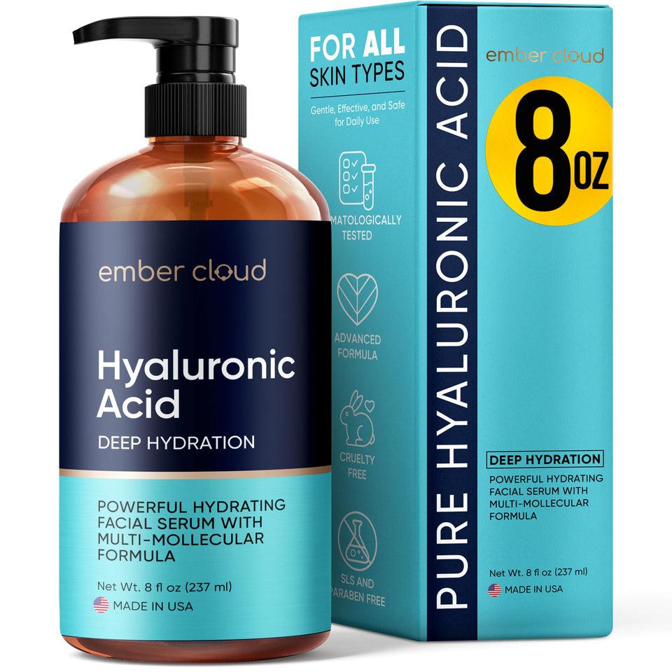 Ember Cloud Hyaluronic Serum bottle close-up for deep skin hydration.