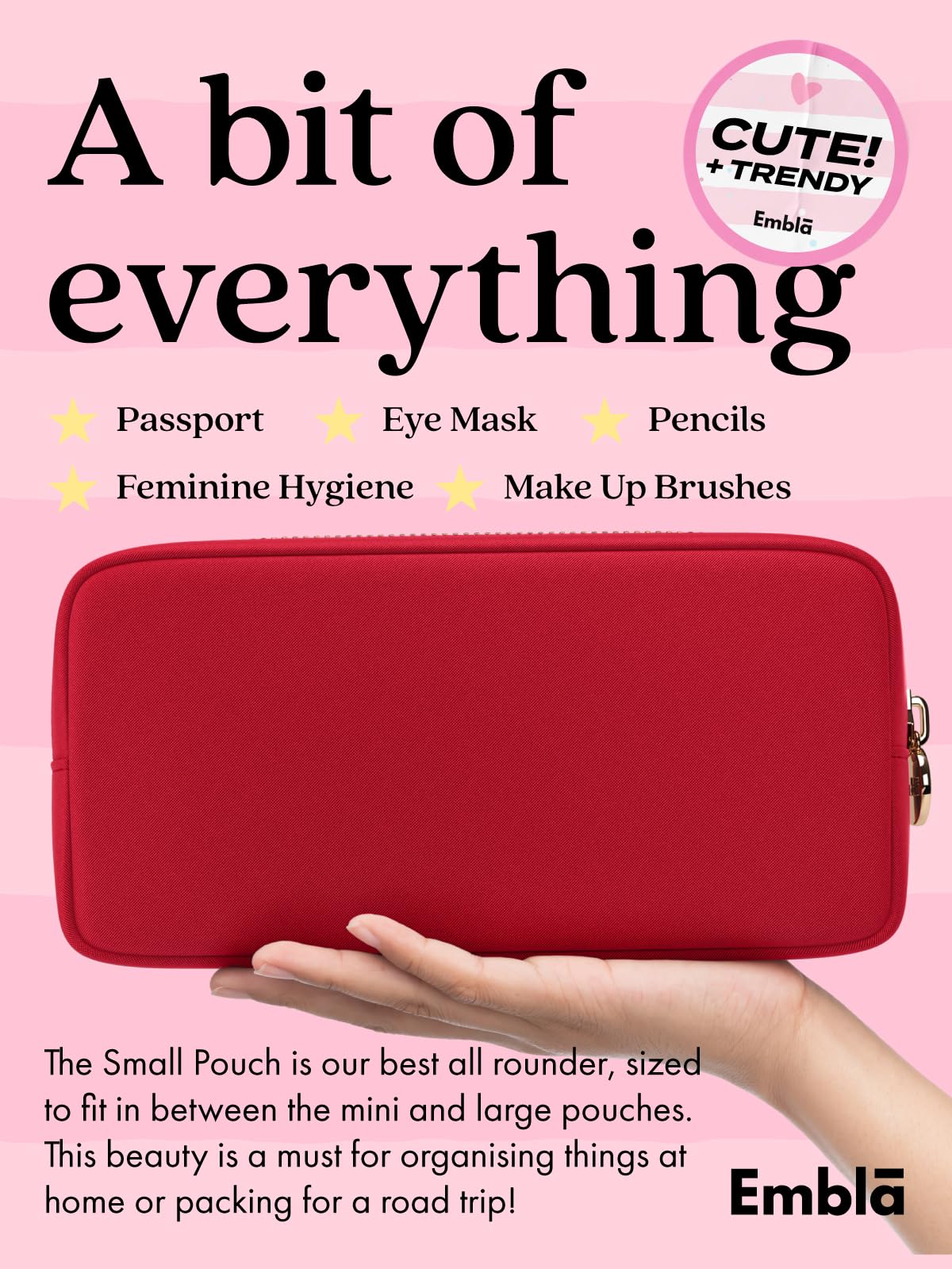 Embla clutch-style makeup bag shown as a chic carry bag for essentials.