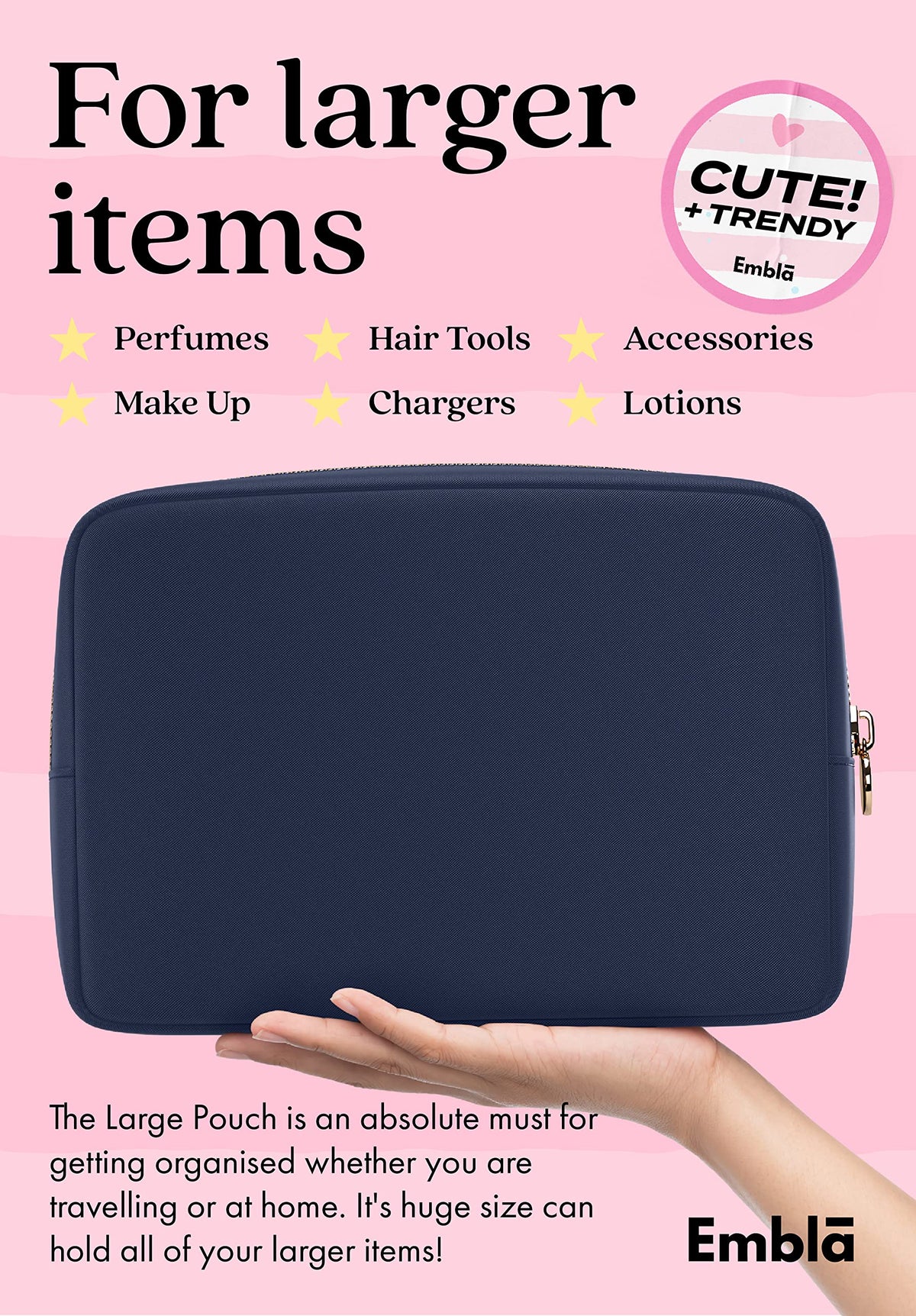 Embla cosmetic zipper pouch in navy keeps lipstick and small tools organized