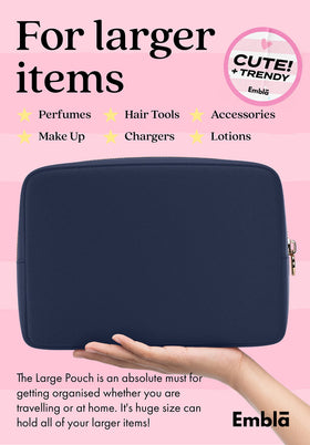 Embla cosmetic zipper pouch in navy keeps lipstick and small tools organized