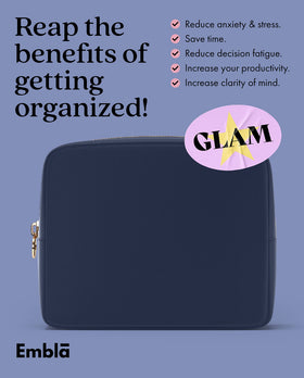 Embla discreet feminine hygiene pouch in navy stores sanitary products on the go